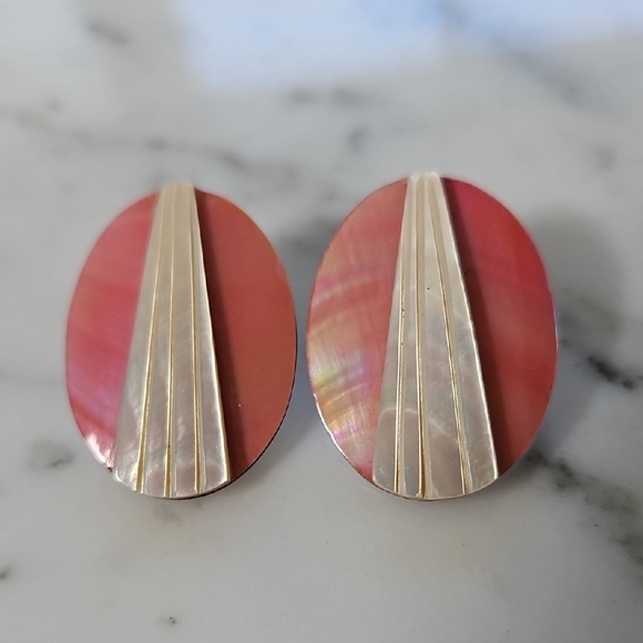Gorgeous Pink & White Mother of Pearl Statement Earrings Vintage - Picture 1 of 5